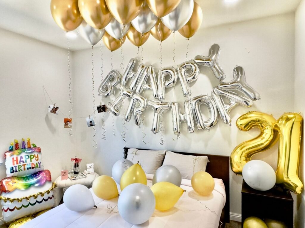 Birthday room decoration service in San Francisco with balloons, candles, personal note