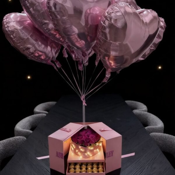 Pop-up gift box with roses and balloons by PopAmour in the San Francisco Bay Area