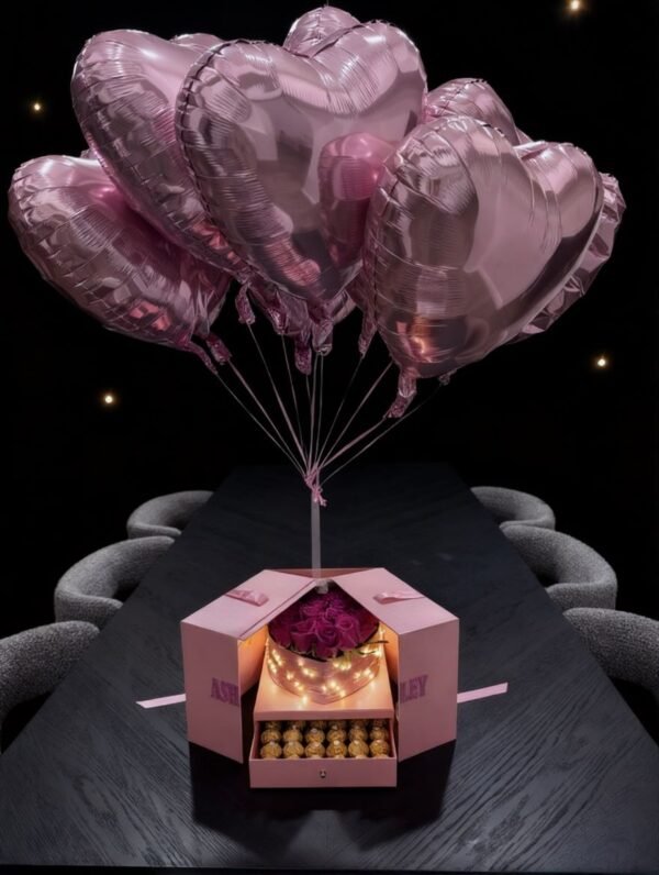 Pop-up gift box with roses and balloons by PopAmour in the San Francisco Bay Area