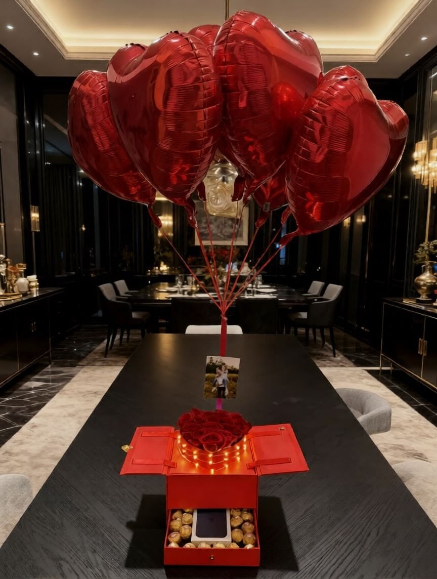 Custom pop-up gift box with roses, chocolates, music, and personalized photos for Valentine’s Day